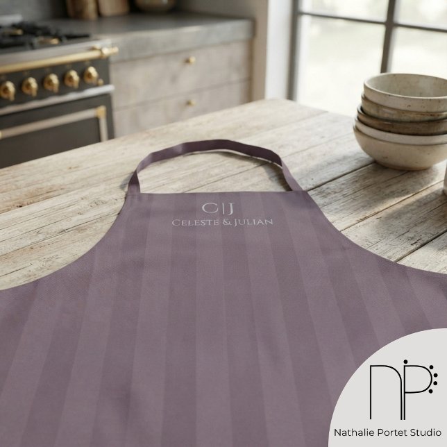 Plum Stripes Monogram Wedding Apron (Plum Stripes Monogram Wedding Apron features custom names and monogram details.)
