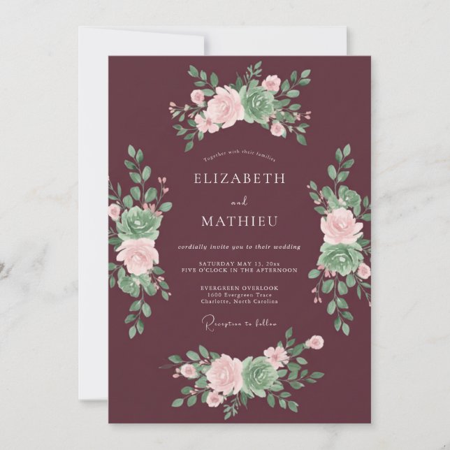 Plum Succulent Leaf Wedding Invitation (Front)