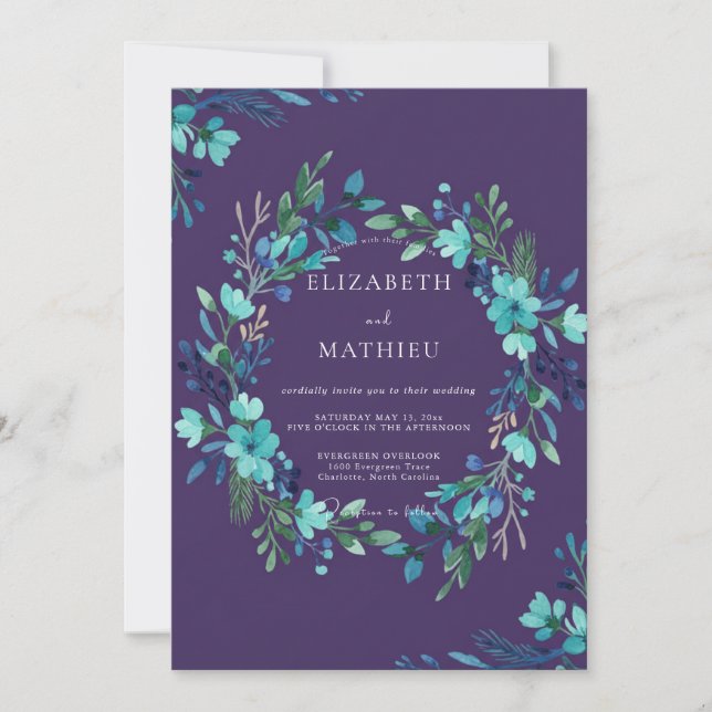 Plum Teal Foliage Eucalyptus Wedding Invitation (Front)