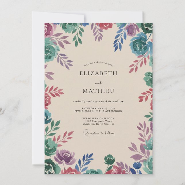 Plum Teal Wildflower Wedding Invitation (Front)