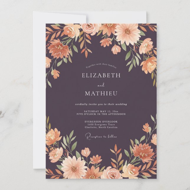 Plum Terracotta Dahlia Wedding Invitation (Front)