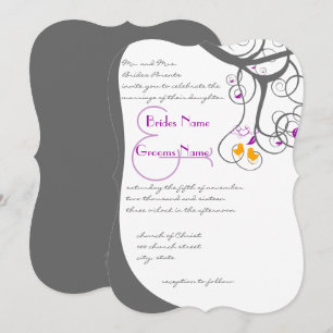 Plum Tree Swirls Love Birds Wedding Invitation