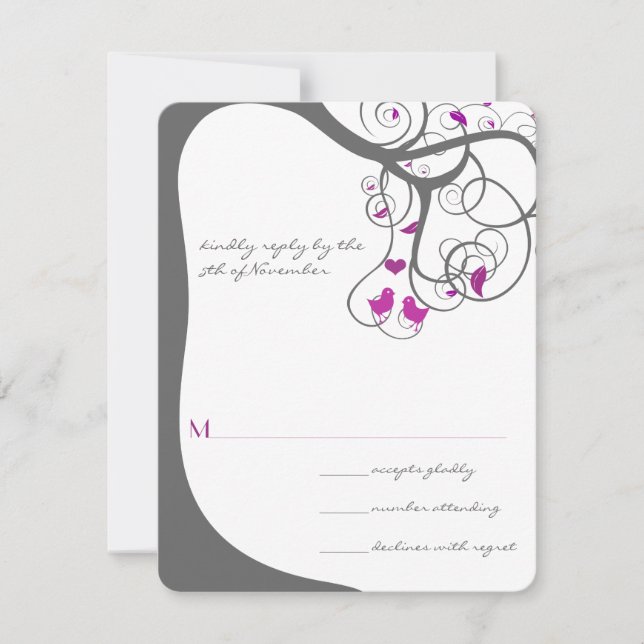 Plum Tree Swirls Love Birds Wedding Invitation (Front)