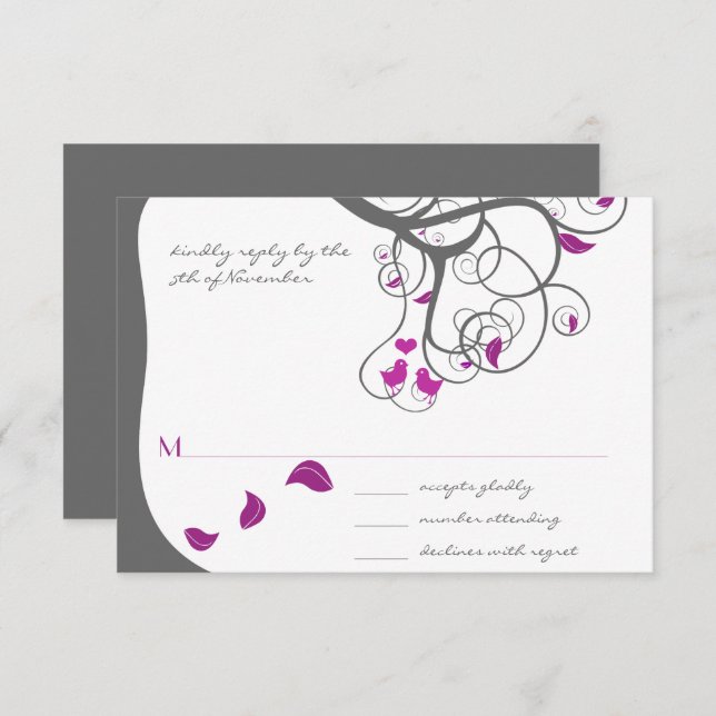 Plum Tree Swirls Love Birds Wedding Invitation (Front/Back)