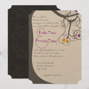 Plum Tree Swirls Love Birds Wedding Invitation