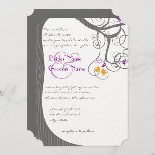 Plum Tree Wood Grain Love Birds Wedding Invitation