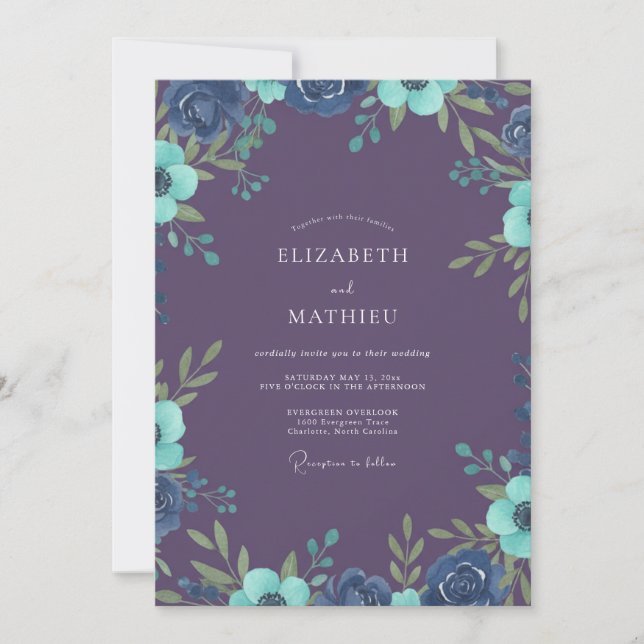 Plum Turquoise Ranunculus Dusty Eucalyptus Wedding Invitation (Front)