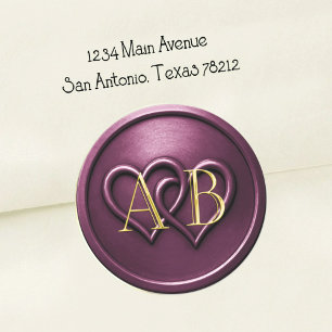 Plum Two Hearts Intertwined Monogram Wedding Classic Round Sticker