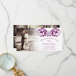 Plum Vintage Damask Floral Flourish Photo Wedding Thank You Card