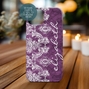 Plum Vintage Damask Pattern and Name Case-Mate iPhone 14 Case