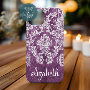Plum Vintage Damask Pattern and Name Case-Mate iPhone 14 Case