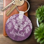 Plum Vintage Damask Pattern and Name Key Ring<br><div class="desc">A vintage pattern with a chalkboard and lace design. Look closely to the flowers and leaves.A trendy design with jewel tone colours and elegance. Items are easier to customise when you replace all text and photos first. If your art still needs to be adjusted, click on the Customise This button....</div>