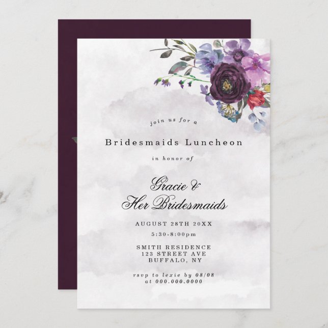 Plum Violet Chic Peony Bridesmaids Luncheon Invite (Front/Back)