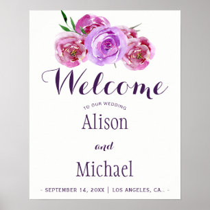 Plum violet floral bouquet wedding welcome sign