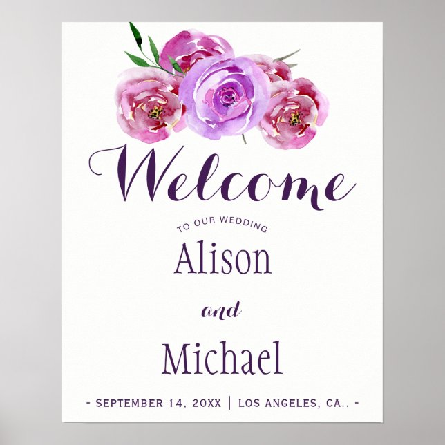 Plum violet floral bouquet wedding welcome sign (Front)