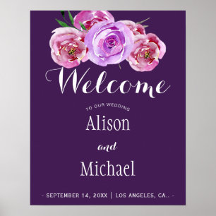 Plum violet floral elegant wedding welcome sign