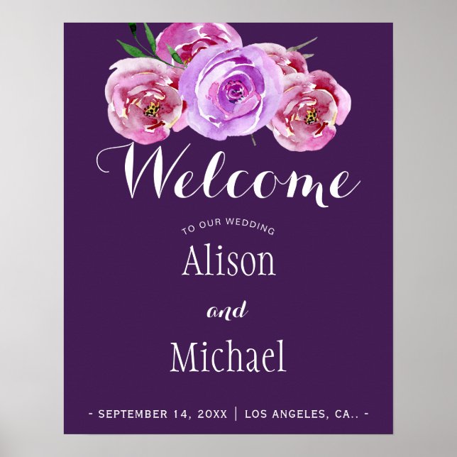 Plum violet floral elegant wedding welcome sign (Front)