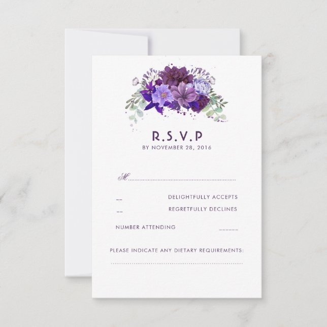 Plum Violet Flowers Elegant Wedding RSVP (Front)