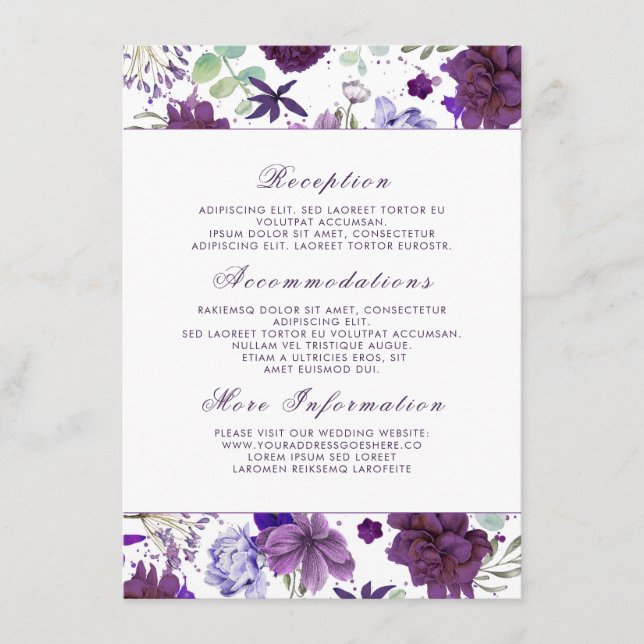 Plum Violet Flowers Wedding Information Guest Enclosure Card (Front)