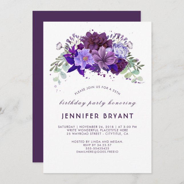 Plum Violet Purple Floral Elegant Birthday Party Invitation (Front/Back)
