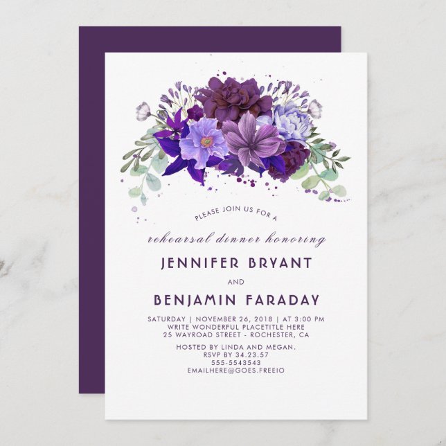 Plum Violet Purple Floral Elegant Rehearsal Dinner Invitation (Front/Back)