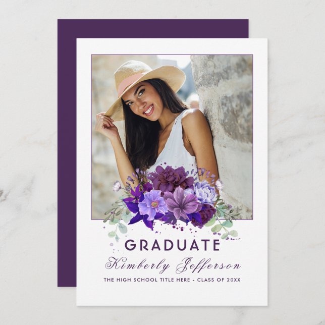 Plum Violet Purple Floral Photo Graduation Invitation (Front/Back)