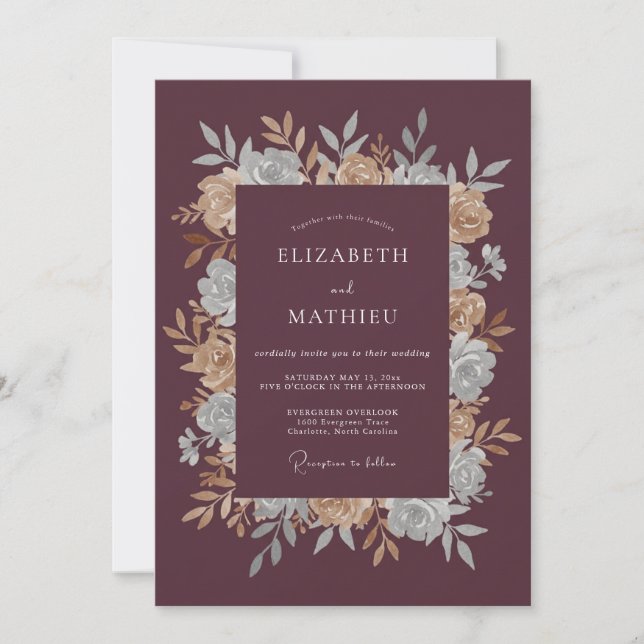 Plum Warm Champagne Peony Wedding Invitation (Front)