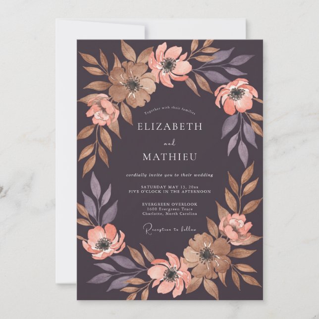 Plum Warm Coral Wildflower Wedding Invitation (Front)