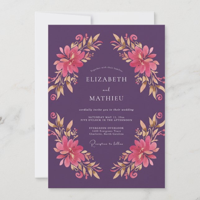 Plum Warm Gold Painted Wedding Invitation (Front)