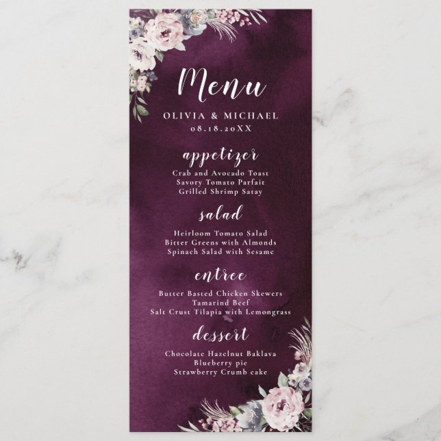 Plum watercolor & dusty pink boho floral wedding menu (Front)