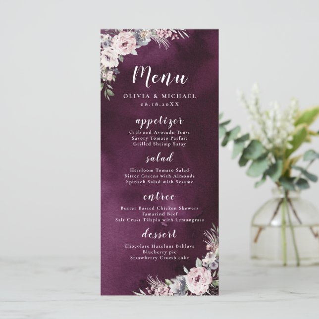 Plum watercolor & dusty pink boho floral wedding menu (Standing Front)