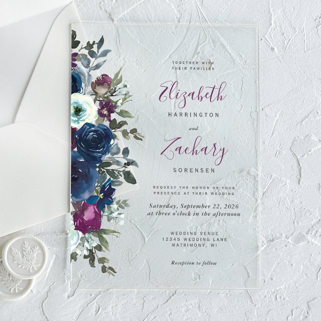 Plum Watercolor Floral Navy Blue Wedding Acrylic Invitations (Creator Uploaded)