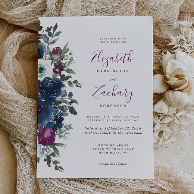 Plum Watercolor Floral Navy Blue Wedding Invitation (Creator Uploaded)