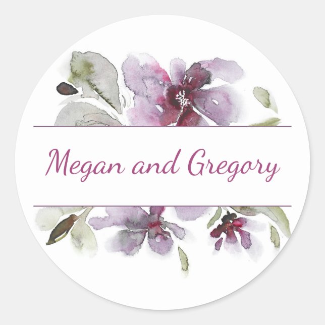 Plum Watercolor Flowers Elegant Wedding Classic Round Sticker (Front)