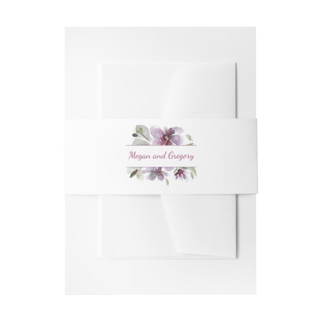 Plum Watercolor Flowers Elegant Wedding Invitation Belly Band (Front Example)