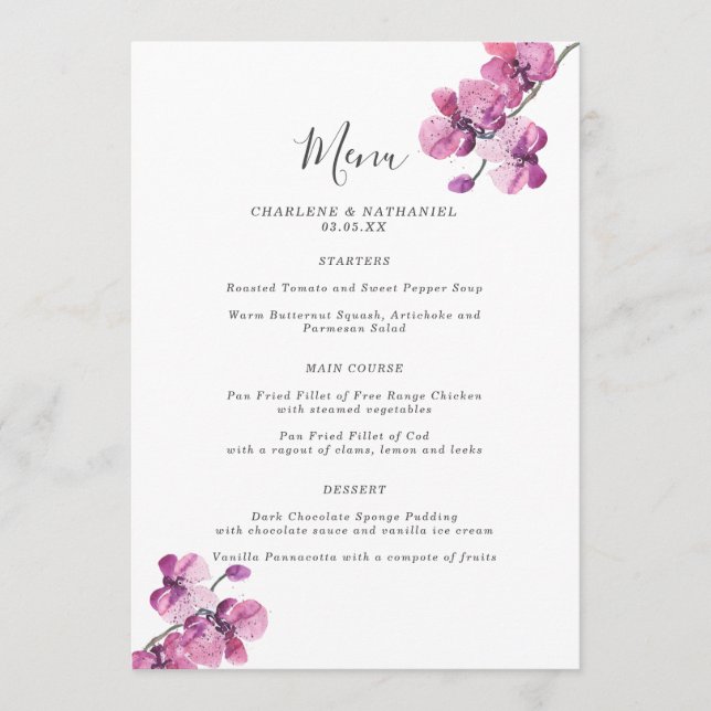 Plum Watercolor Orchid 5x7 Wedding Menu (Front)