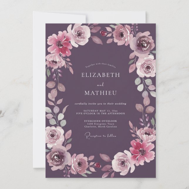 Plum Watercolor Ranunculus Wedding Invitation (Front)