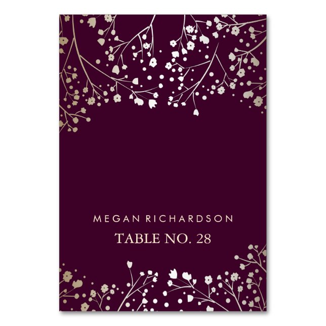 Plum Wedding Escort Card Baby's Breath Gold (Front)