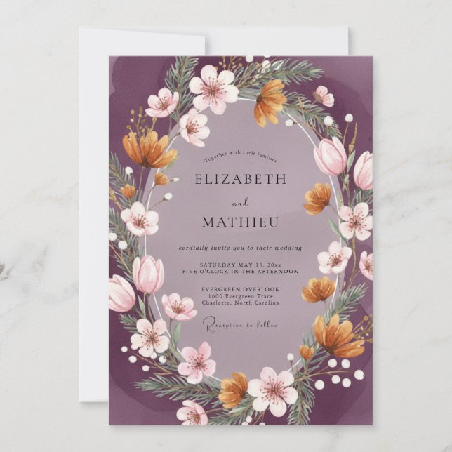 Plum Whimsical Floral Wedding Invitation (Front)