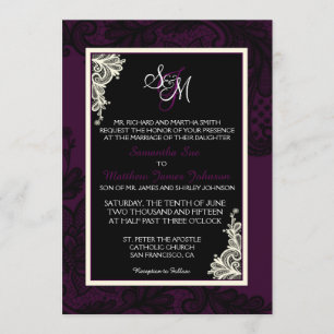 Plum White and Black Lace Wedding Invitation Card