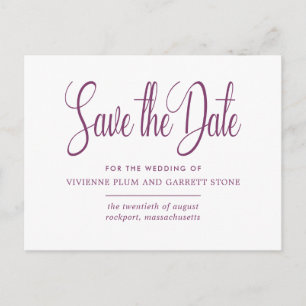 Plum & White Calligraphy Wedding Save the Date Invitation Postcard