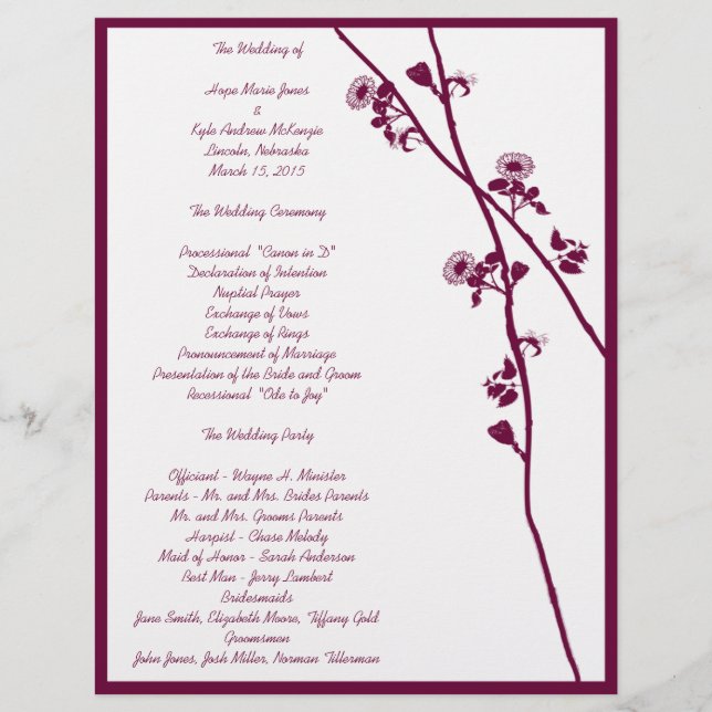 Plum Wild Flower Branches Wedding Program- (Front)