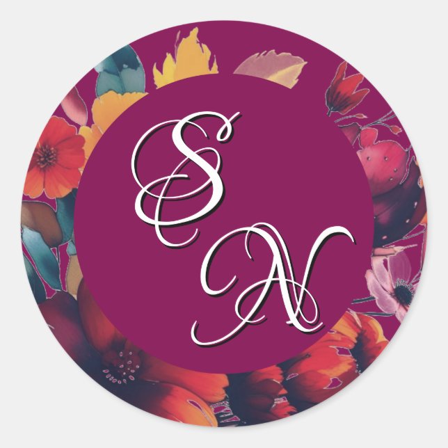 Plum Wildflowers Bouquet Monogram Initials Sticker (Front)