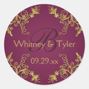 Plum Wine and Gold Floral Damask 1.5" Sticker