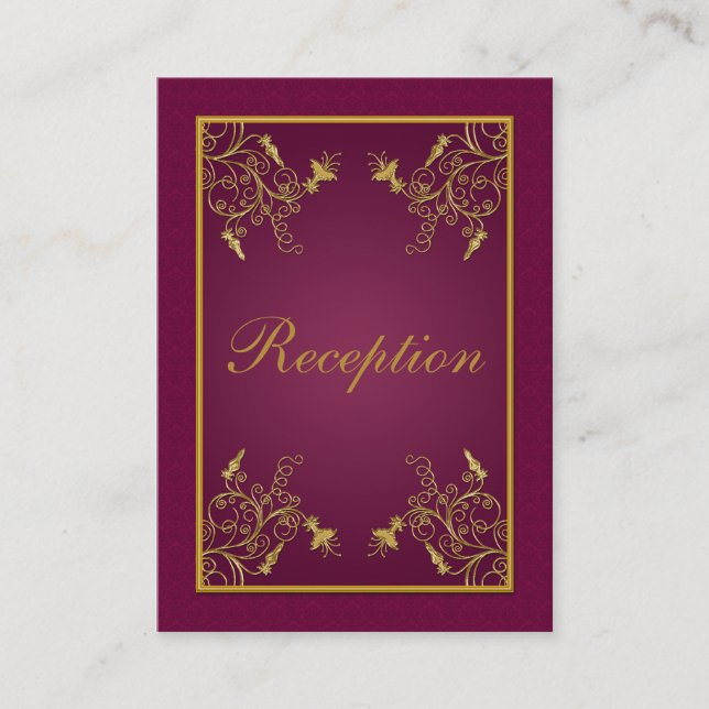 Plum Wine and Gold Floral Damask Enclosure Card (Front)