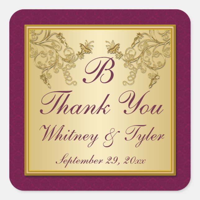 Plum Wine and Gold Floral Damask Monogram Sticker (Front)