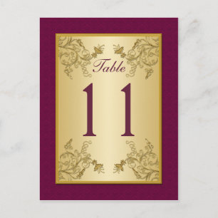 Plum Wine and Gold Floral Damask Table Number Postcard