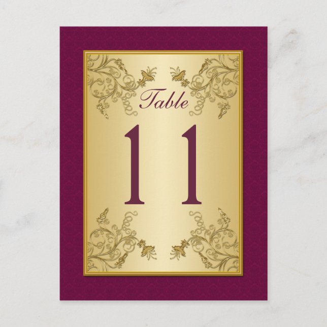 Plum Wine and Gold Floral Damask Table Number Postcard (Front)