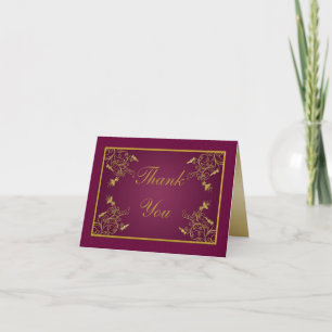 Plum Wine and Gold Floral Damask Thank You Card