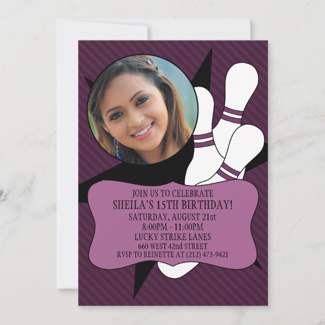 Plum Wine No Time To Spare Bowling Party Photo Invitation (Front)